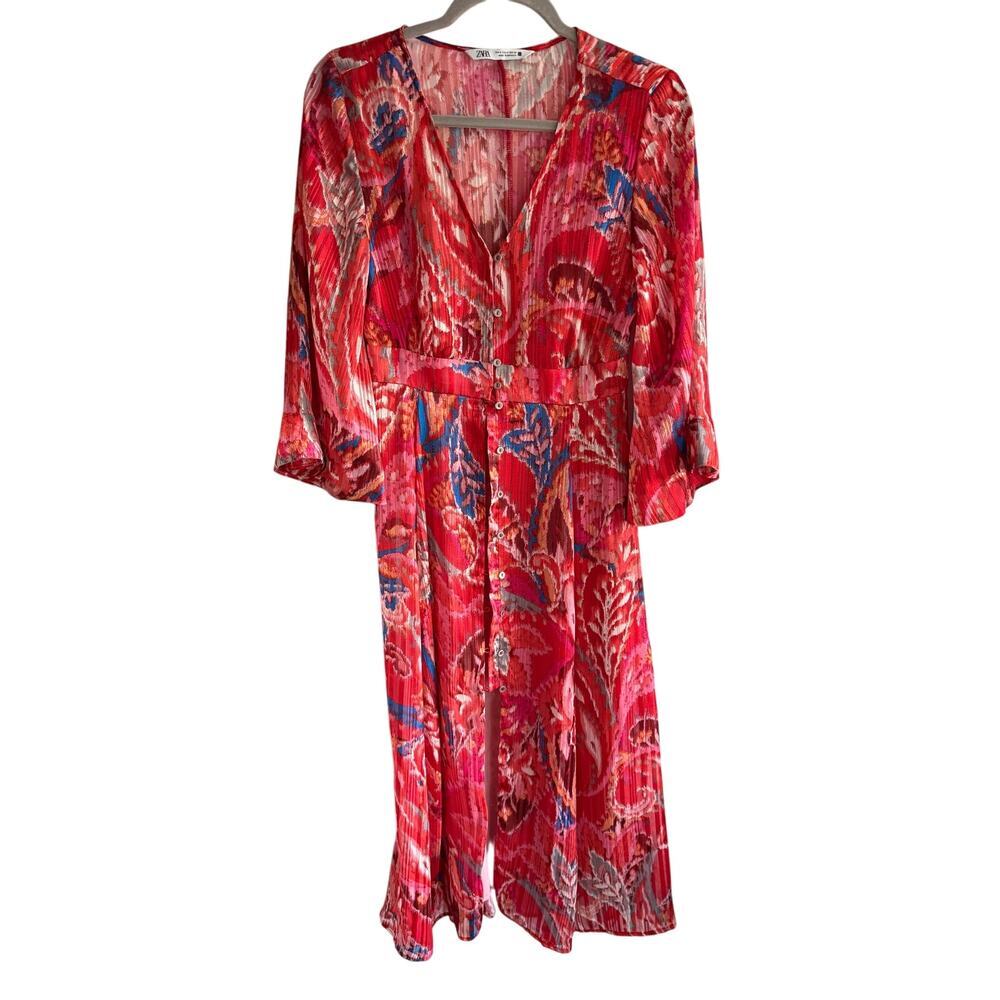 Zara Red Metallic Thread Printed Midi Dress size small Boho Resort - Picture 7 of 11